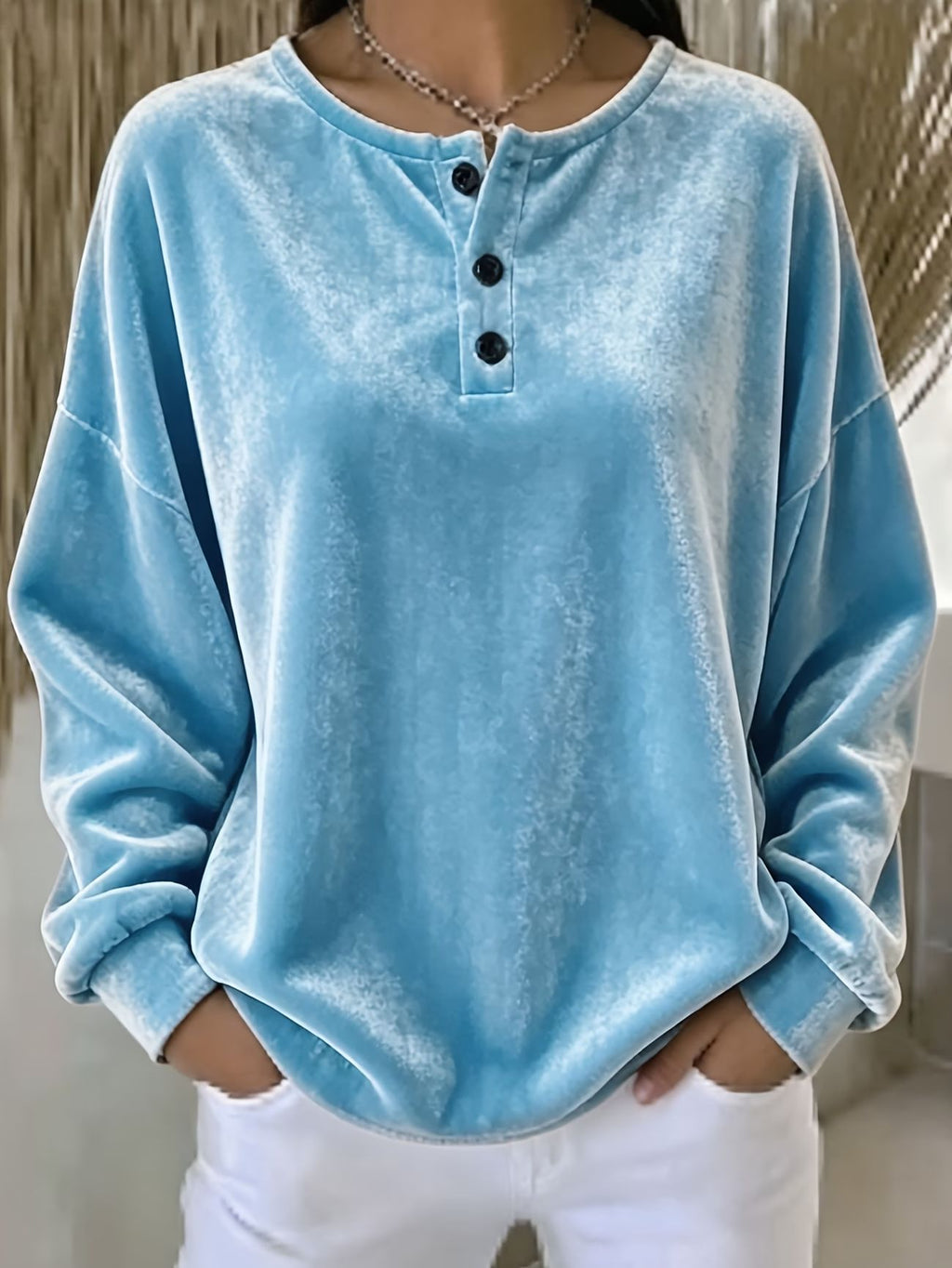 New Loose Velvet Button Long Sleeve Casual Fashion Sweatshirt by Ricaloux