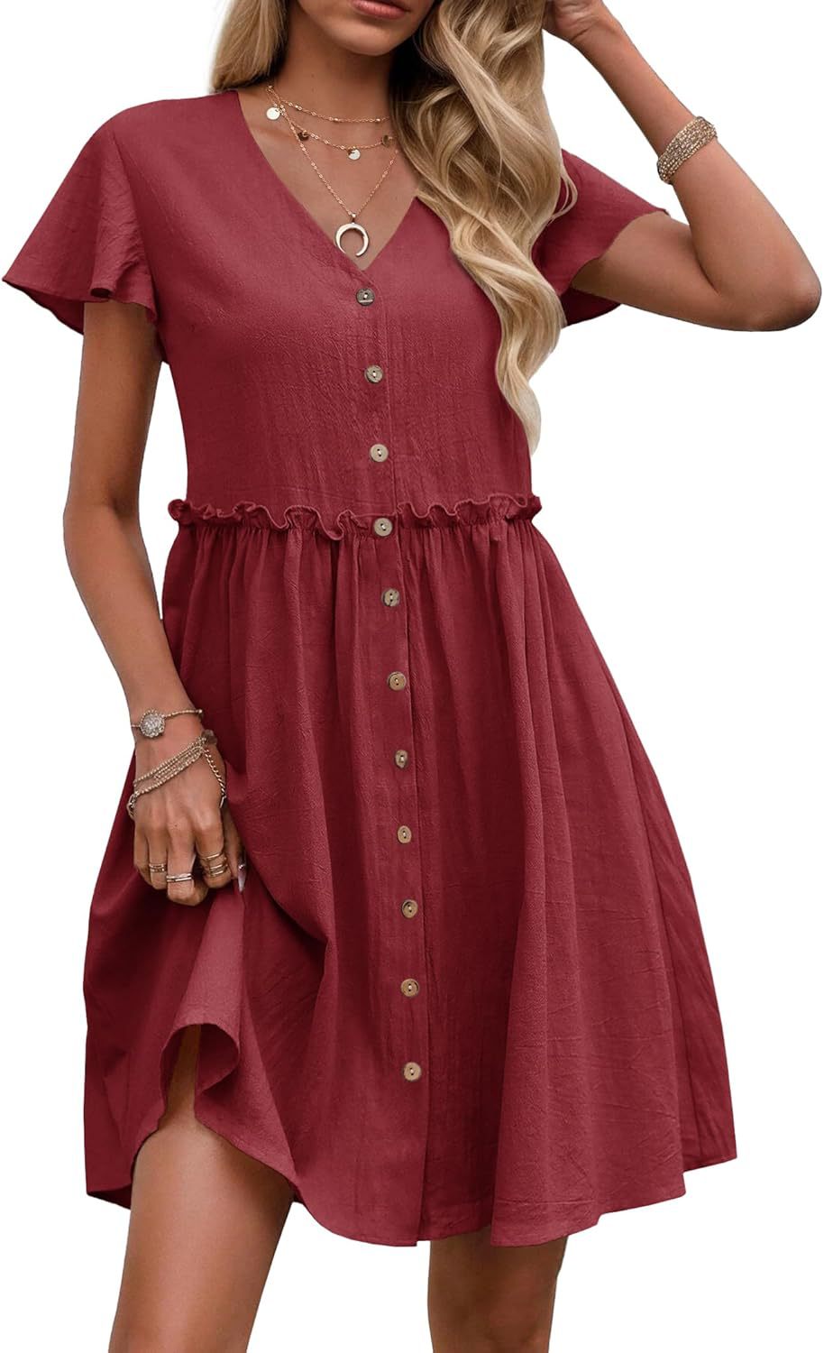 Bohemian-style Vacation V-neck Short-sleeve Ruffled Womens Dress by Ricaloux