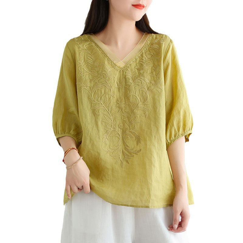 Embroidered Casual Versatile Lightweight High-end Cotton-linen Shirt by Ricaloux