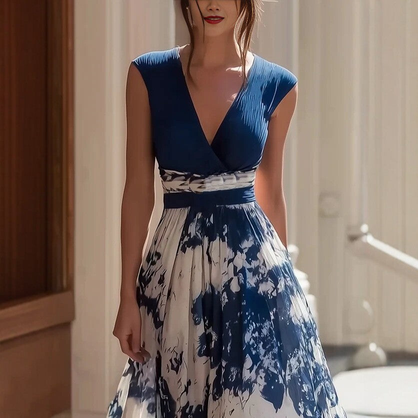 Sleeveless V-neck Blue-and-white Porcelain Print Dress by Ricaloux