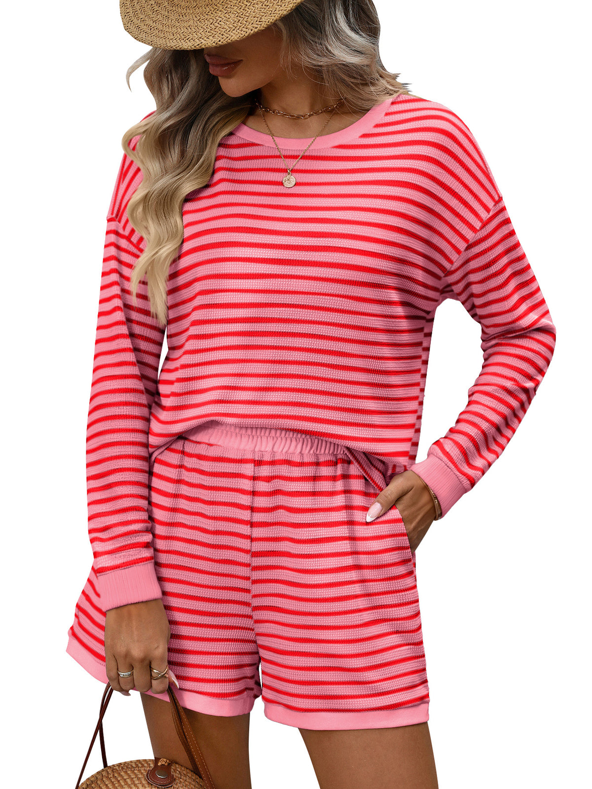 Womens Crew-neck Spliced Long-sleeve Shorts Two-piece Set – Premium 0 | RICALOUX
