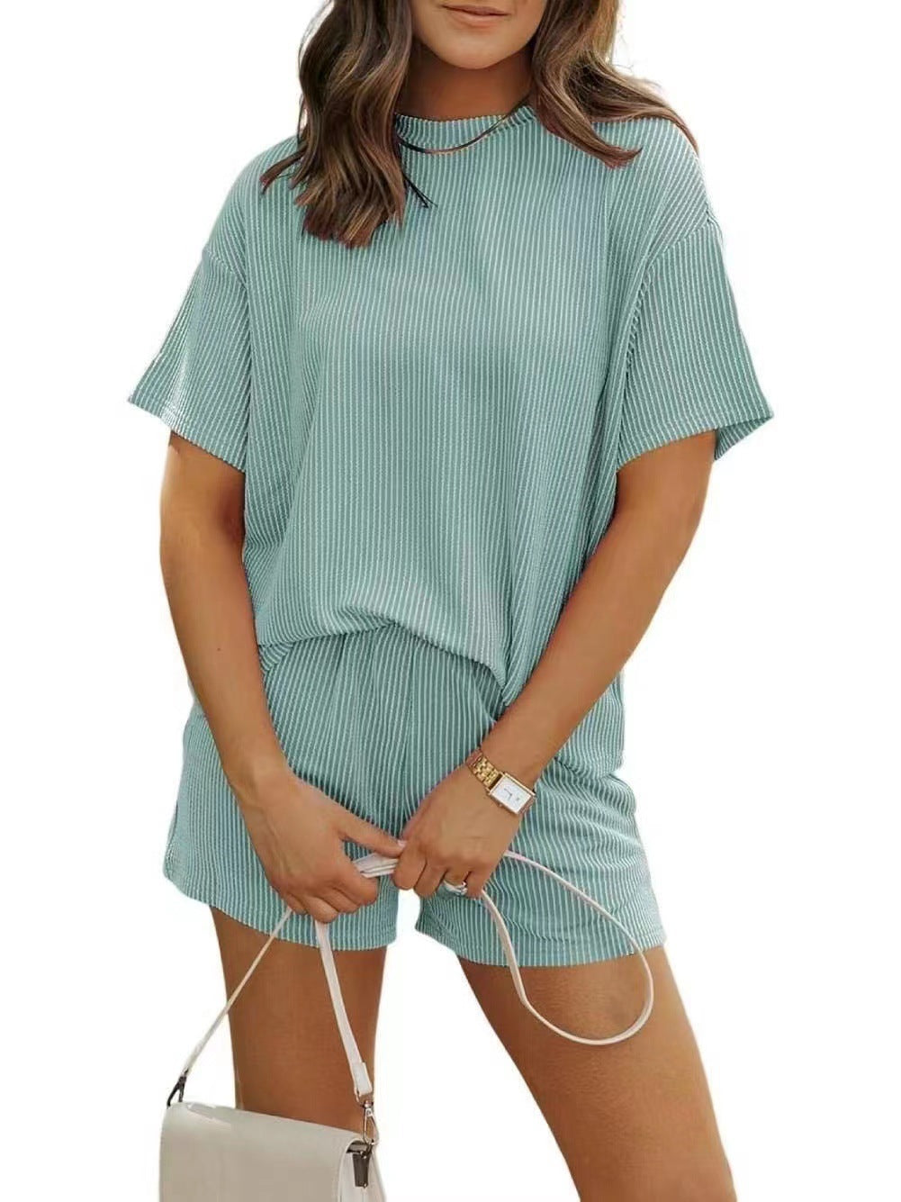 Summer Casual Chic Striped New Round-neck Womens Outfit Set by Ricaloux