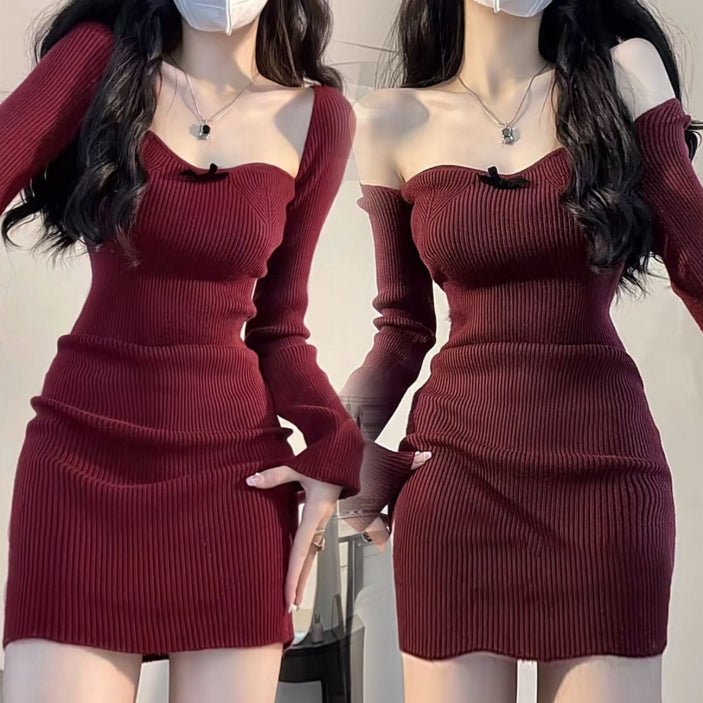 Square Neck Knitted Dress Women's Inner Sleeve Slim - RICALOUX