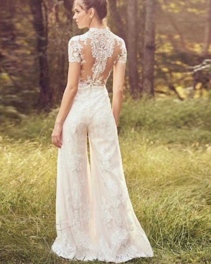 Bride Pants Suit Wedding Bridal Gowns Short Sleeve Jumpsuit - RICALOUX
