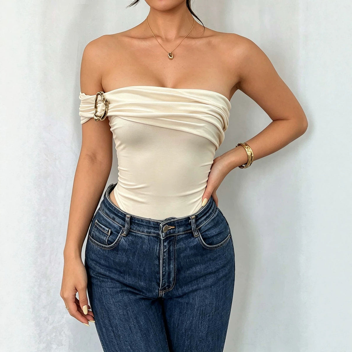 New Womens Elegant Jumpsuit With Off-shoulder Design Pleating And Metal Buttons – Premium 0 | RICALOUX
