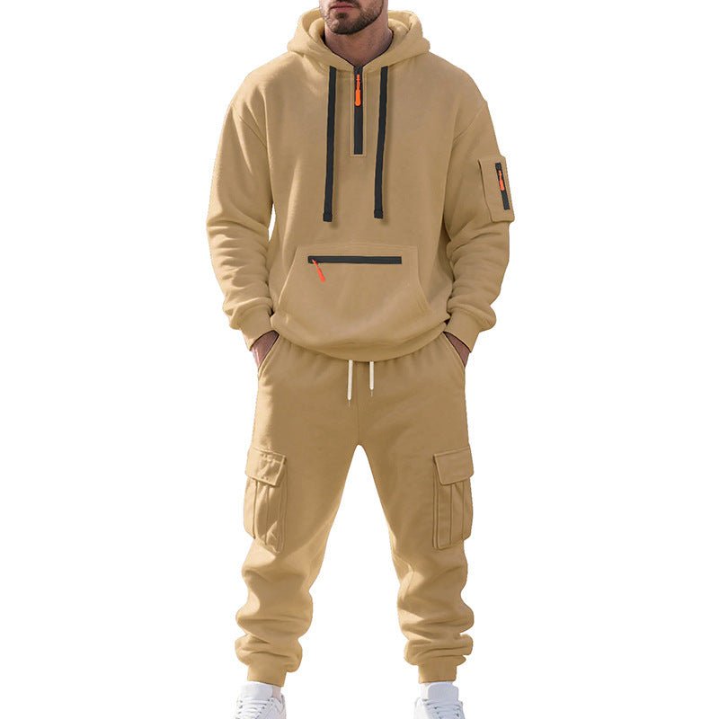 Men's Loose Sports And Leisure Suit Sweater Fleece-lined Hoodie Set Zipper Multi-Pocket Pullover Men's Sports Casual Top Two-piece Set - RICALOUX