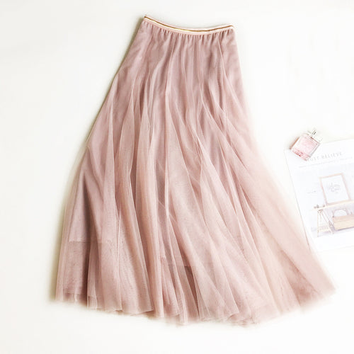 Elastic-waist Mid-length Slim-fit Mesh Skirt Fluffy Skirt Tulle Skirt by Ricaloux