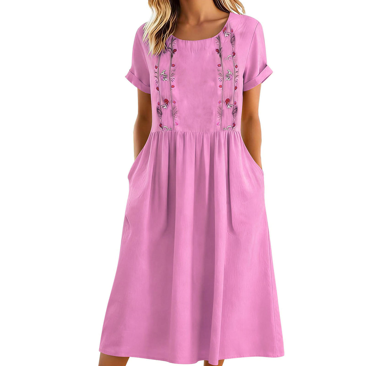 Womens Embroidered Crew-Neck Cotton-Linen Pinafore Dress by Ricaloux