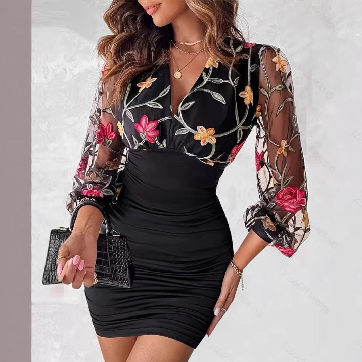 V-neck Long-sleeve Chic Embroidered Patchwork Pleated Sheath Dress by Ricaloux