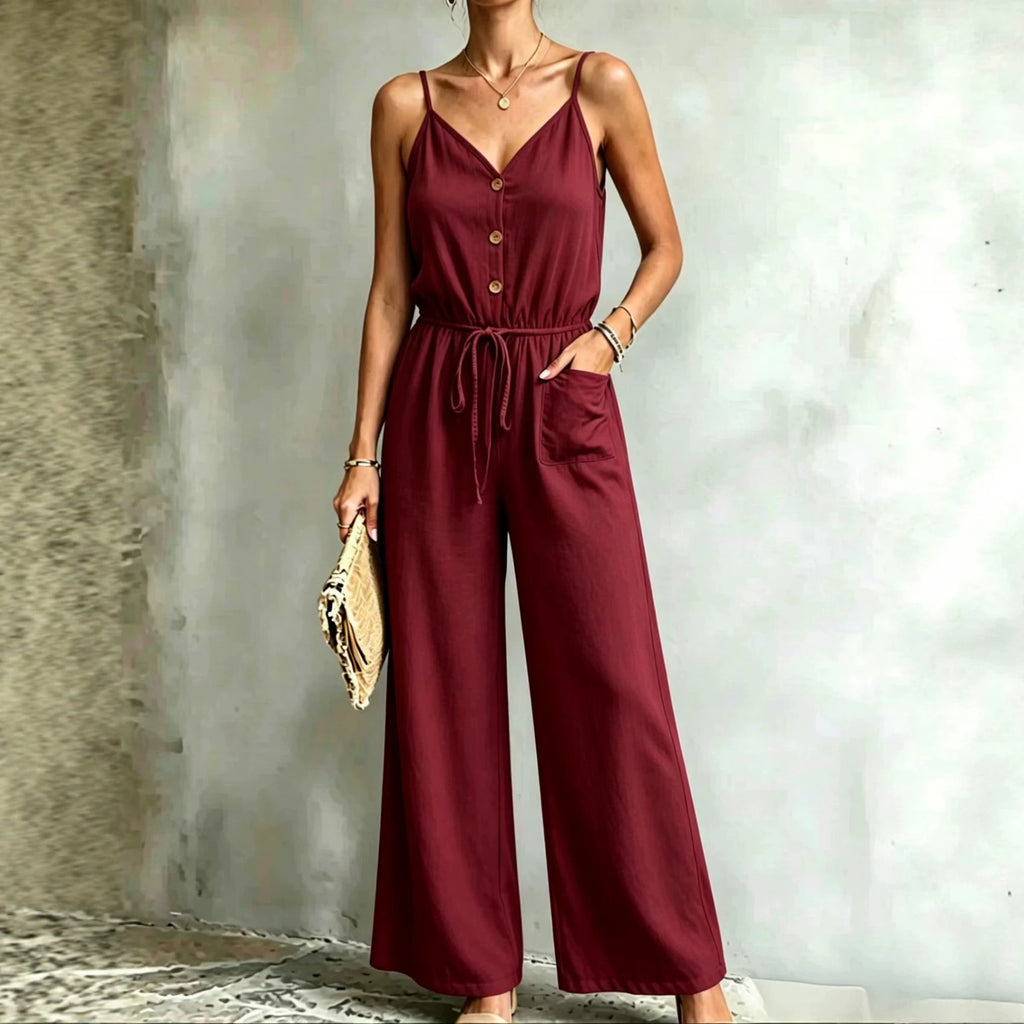Womens Solid-color Casual Belted Strap Jumpsuit by Ricaloux