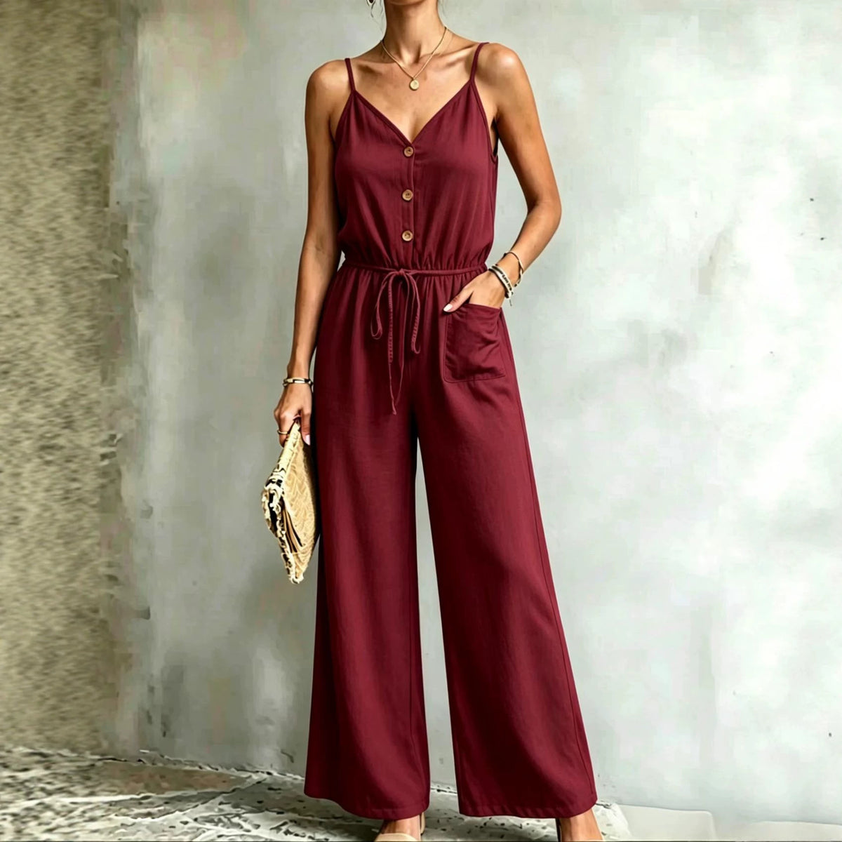 Womens Solid-color Casual Belted Strap Jumpsuit by Ricaloux