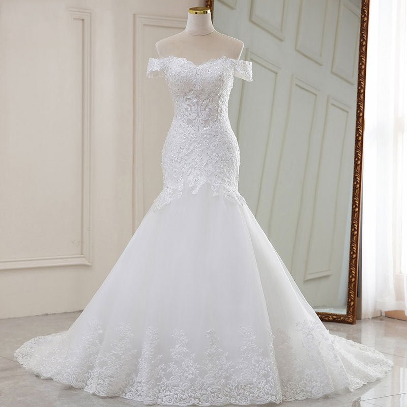 High Waist White Temperament Dream Lace Mid-waist Long Tail V-neck Wedding Dress - RICALOUX