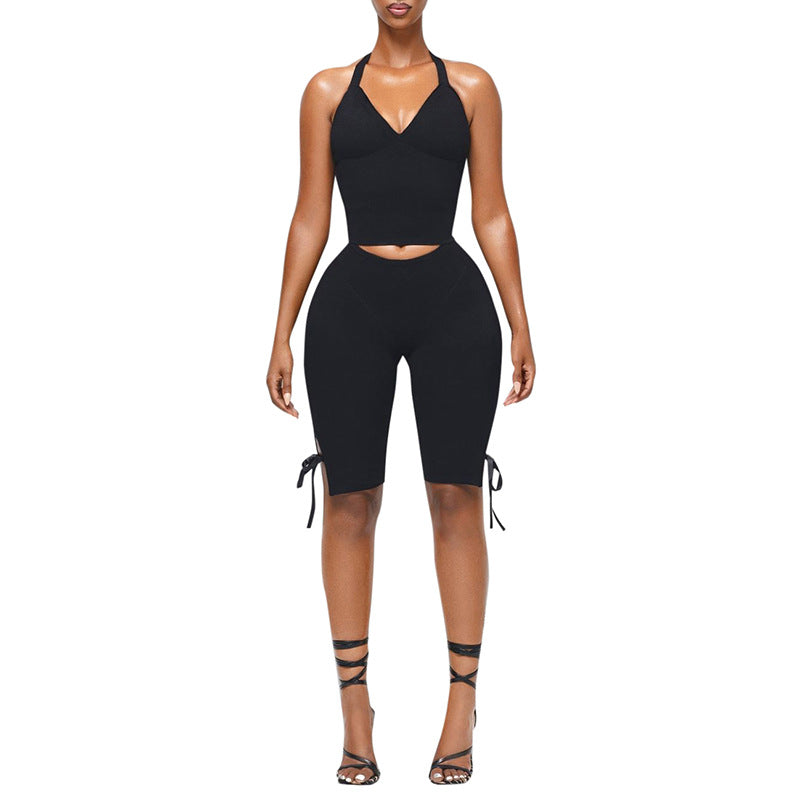 Womens Halterneck Strapless Tube Top And Bow-Knot Pants Solid-Color Set by Ricaloux