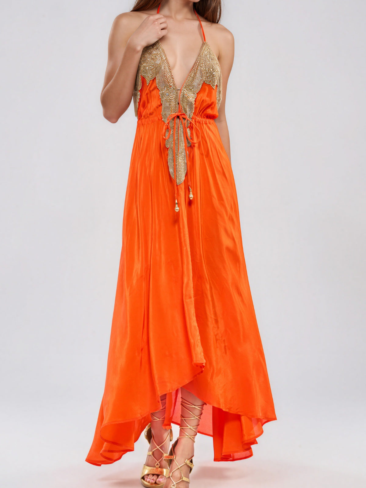 Embroidered Halterneck Drawstring Dress For Women by Ricaloux