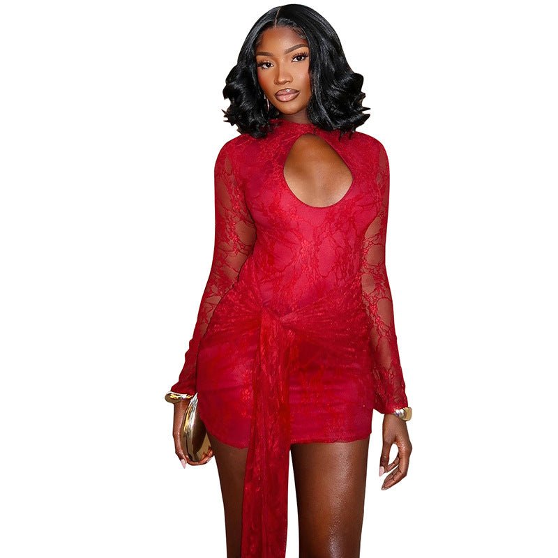Women's Solid Color Hollow Out Strap Lace Long Sleeve Ribbon Short Dress - RICALOUX