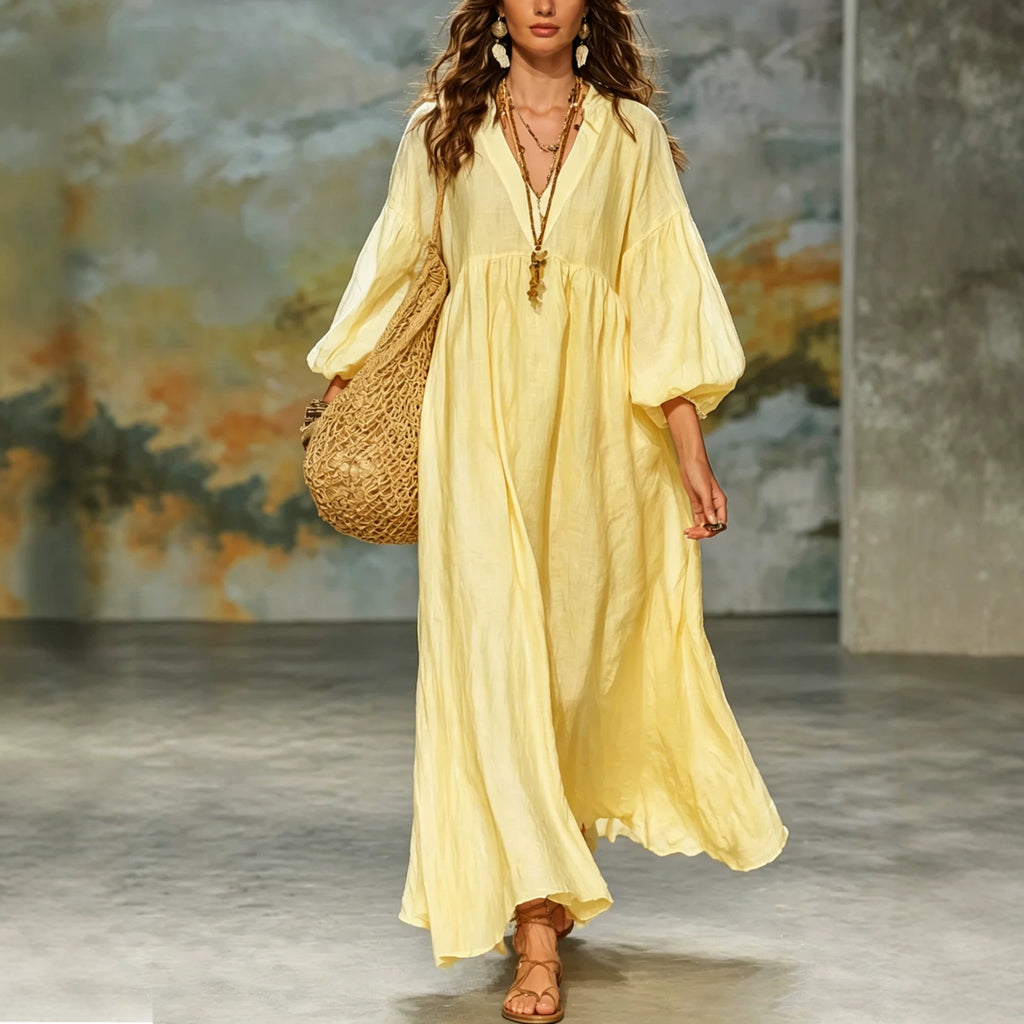 Deep-V Lantern-sleeve Loose-fit Flared Dress – Premium 0 | RICALOUX