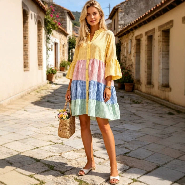 Color-block Plaid Patchwork Shirt Dress Loose-fitting With Flared Sleeves And A Tiered Cake Skirt – Premium 0 | RICALOUX