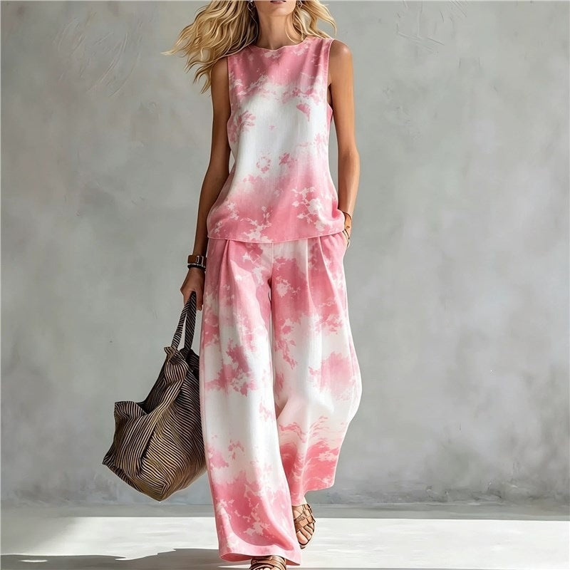 New-style Rainbow Tie-dye Sleeveless Crew-neck Top And Wide-leg Pants Womens Casual Two-piece Set – Premium 0 | RICALOUX