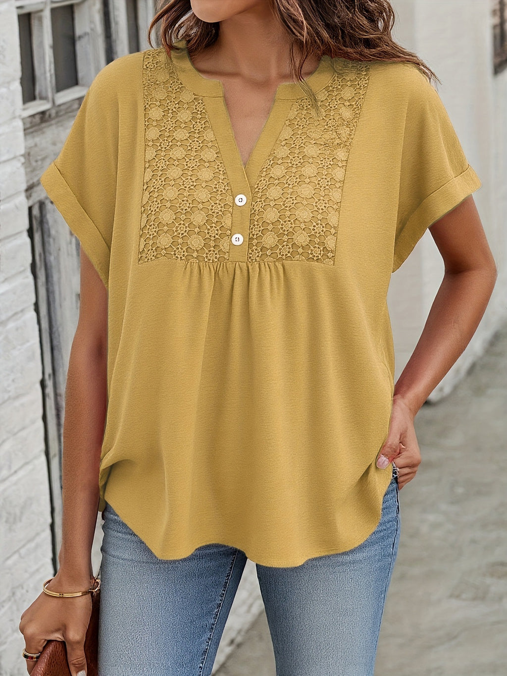 Womens Solid-Color Lace V-Neck Short-Sleeve Top With Buttons by Ricaloux