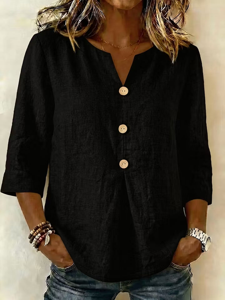 Solid-color V-neck Three-quarter-sleeve Casual Loose-fit Cotton-linen Top by Ricaloux