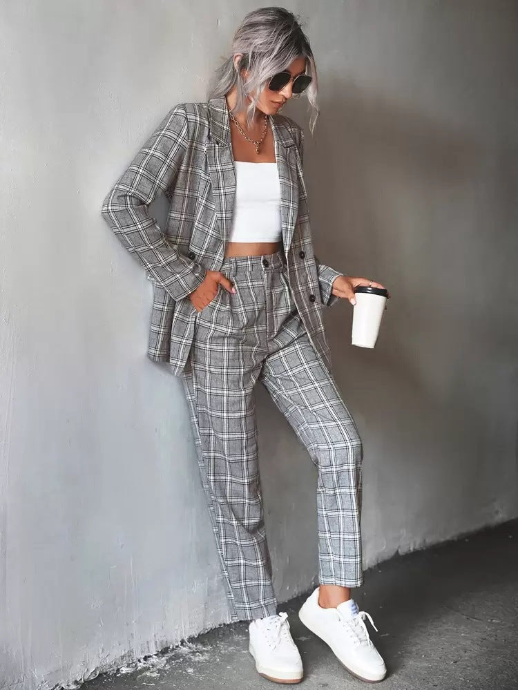 Versatile Casual Commuter Double-breasted Plaid Suit Set – Premium 0 | RICALOUX