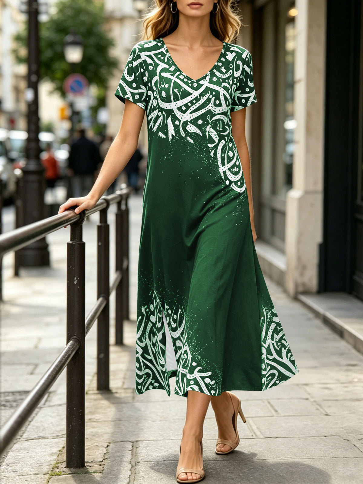 Women's V-Neck Short Sleeve Bohemian Print Split Hem Maxi Dress Casual Loose Long Dress For Vacation – Premium 4 | RICALOUX