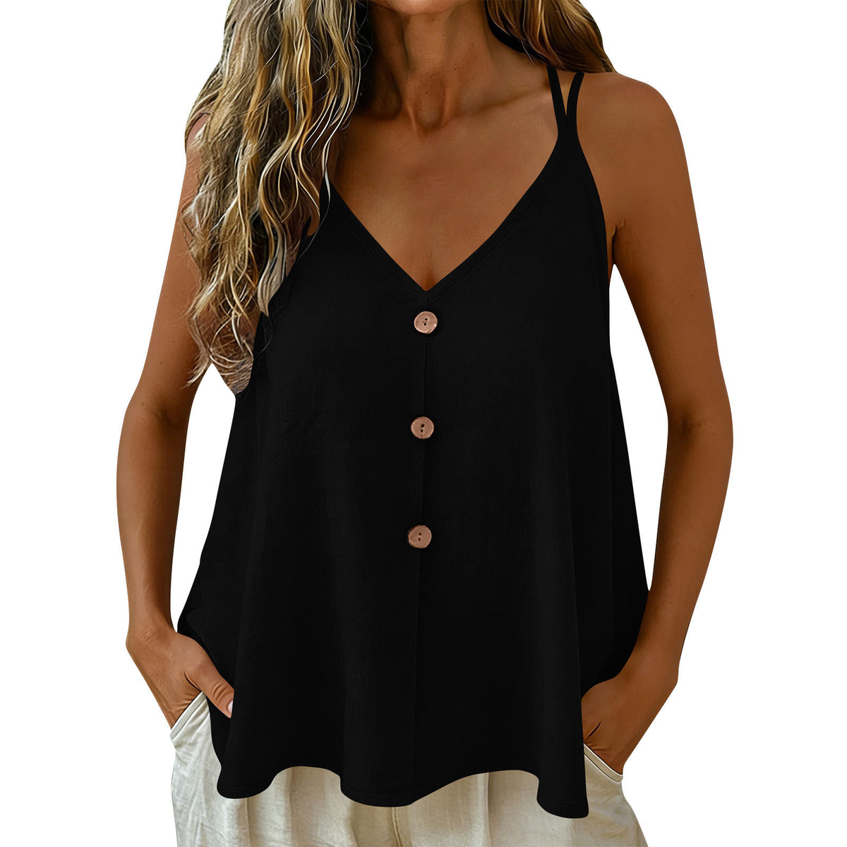 Womens Solid-color Vest With Adjustable Straps And Decorative Buttons by Ricaloux