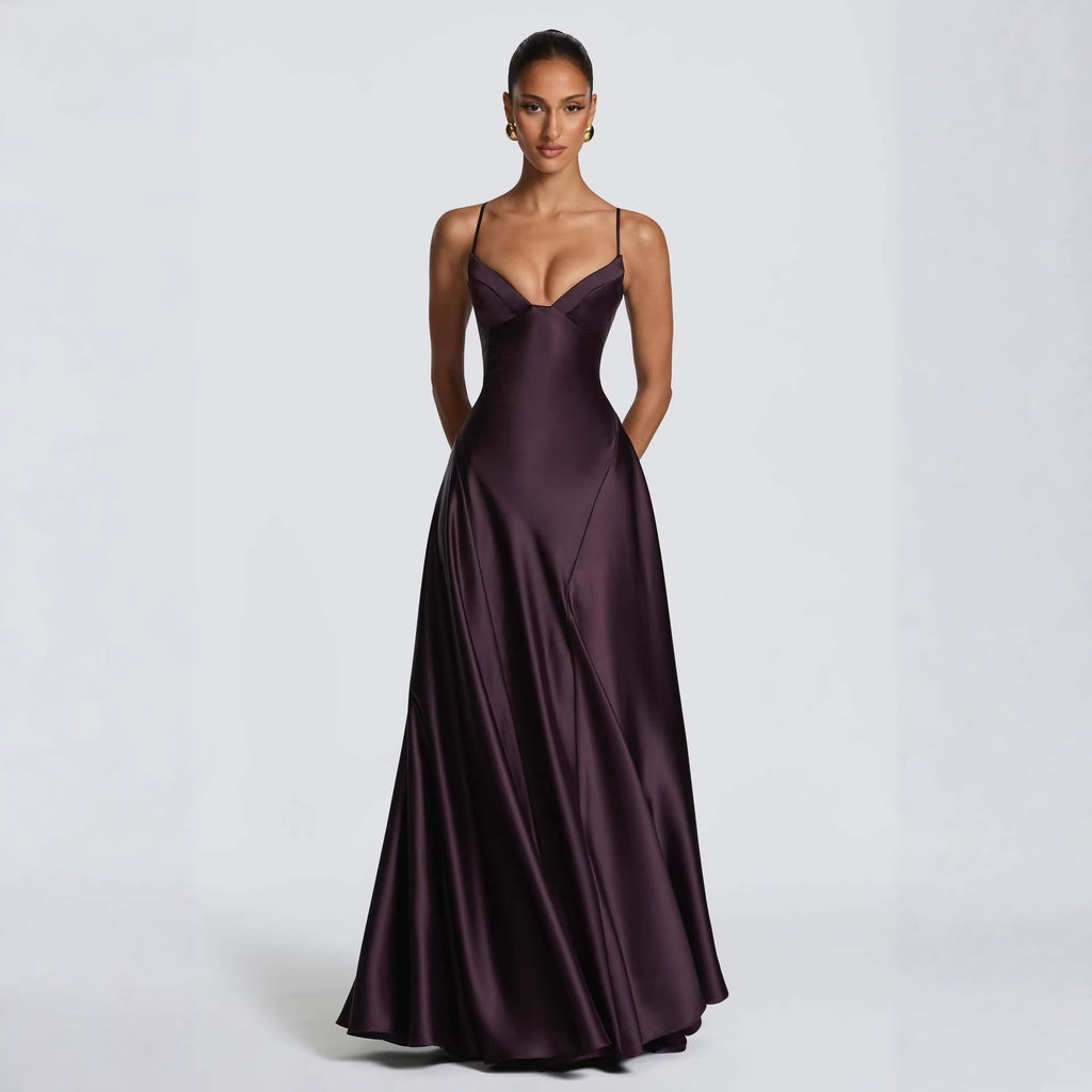 Satin Strapless Waist-cinching Maxi Evening Gown With A Deep V-neck And A Full Skirt In Satin – Premium 0 | RICALOUX