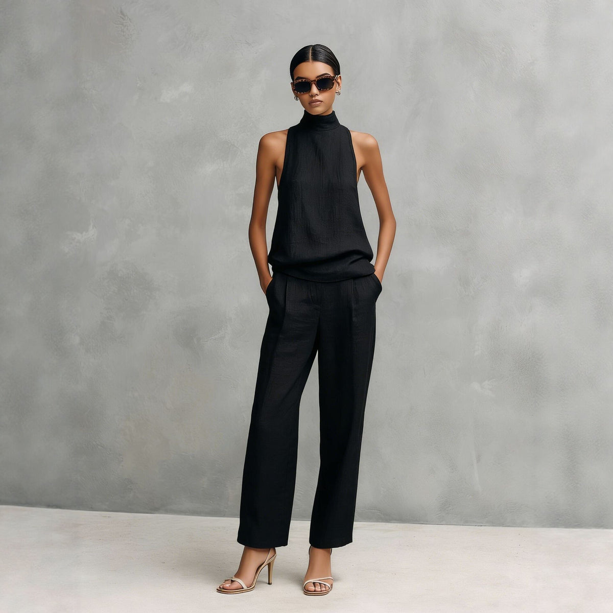 Sleeveless Turtleneck Top And Wide-leg Pants Set by Ricaloux