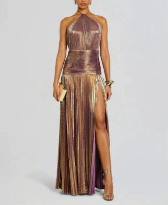 Sexy Pleated Halter Neck Long Dresses Summer Split Sleeveless Dress Evening Party Club Women's Clothing by Ricaloux