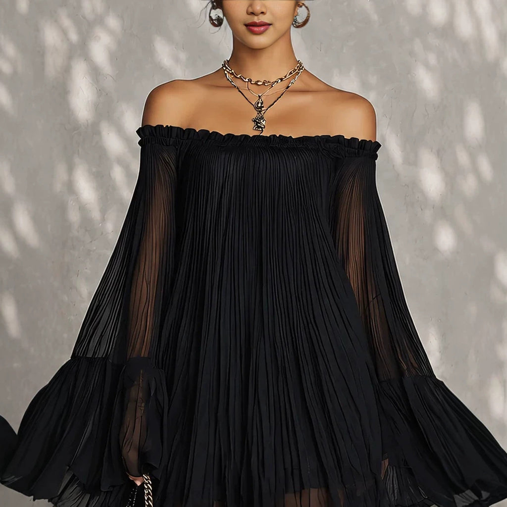 Lotus-Leaf Flared Long-Sleeve Sheer Dress – Premium 0 | RICALOUX