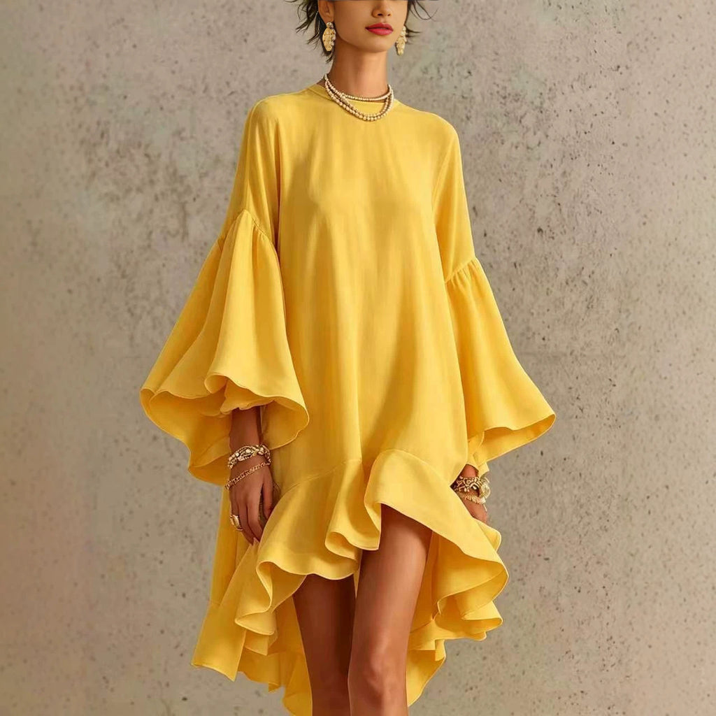 Asymmetrical Round-neck Dress With Puff Sleeves And Ruffled Trim – Premium 0 | RICALOUX