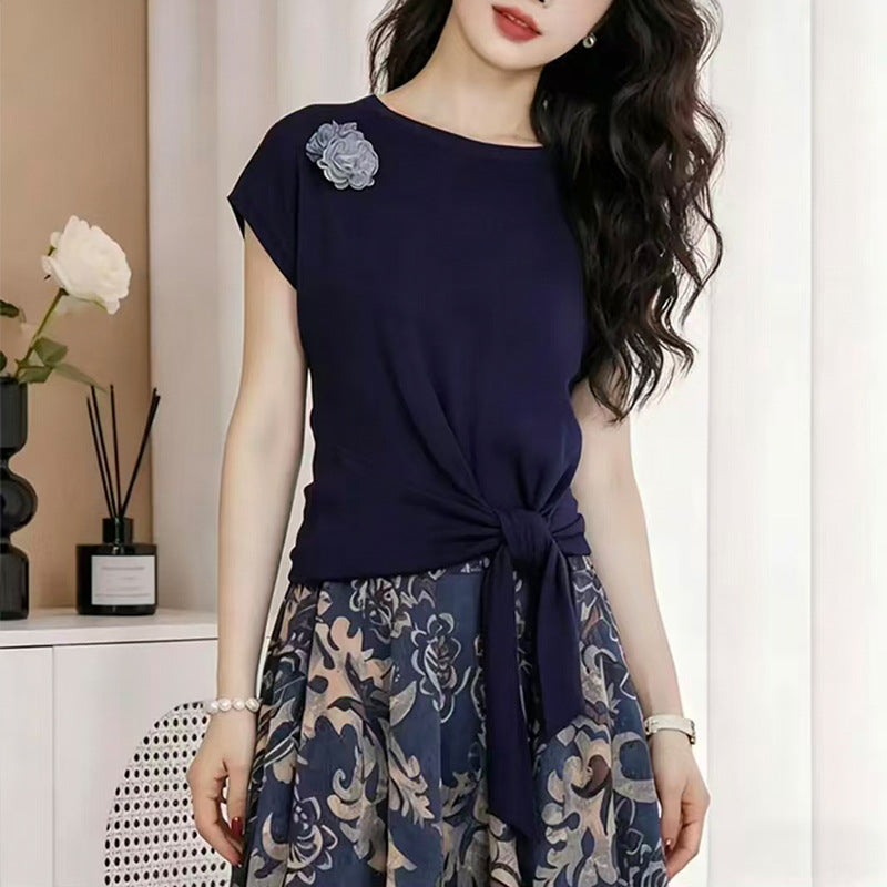 Womens Fashionable Slim-Fit Blue Floral Skirt Set – Premium 0 | RICALOUX