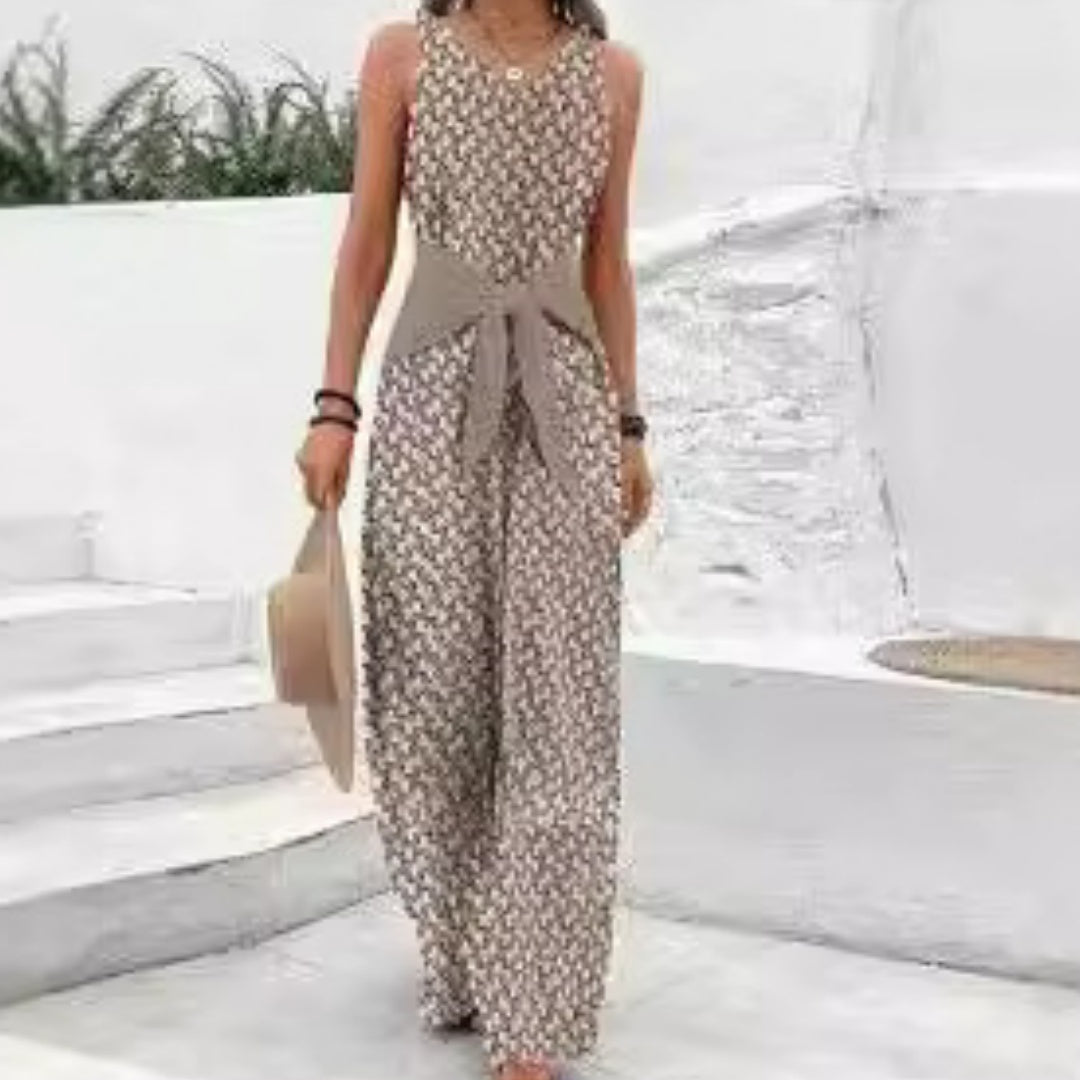 Womens Best-selling Waist-cinching Adjustable-lace-up Printed Jumpsuit by Ricaloux