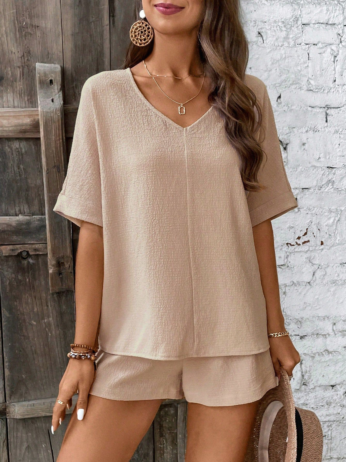 Women's Textured V-Neck Short Sleeve Top & Drawstring Shorts Two Piece Set - Casual Loose Loungewear Set by Ricaloux