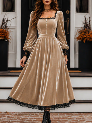 Square-neck Lace-panel Velvet Dress by Ricaloux