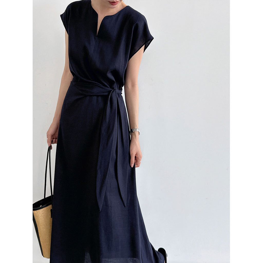 Womens Flax Irregular Strap Cinched Waist Dress – Premium 0 | RICALOUX