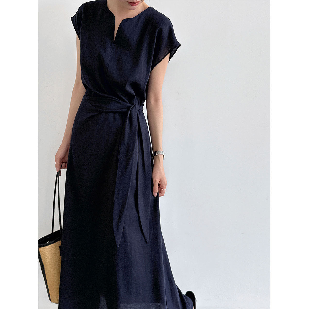 Womens Flax Irregular Strap Cinched Waist Dress – Premium 0 | RICALOUX