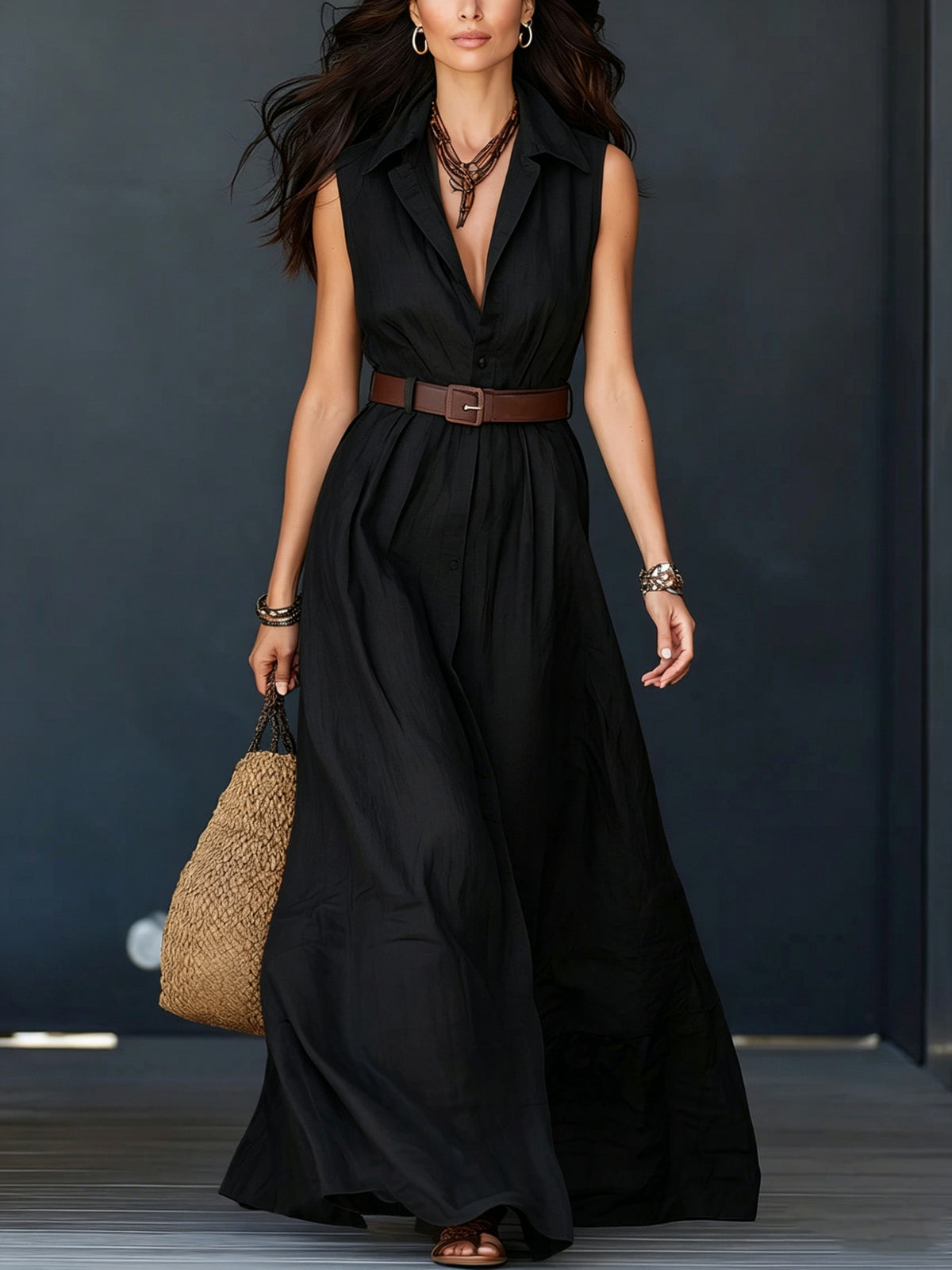 Sleeveless Lapel-neck Waist-cinching Shirt Dress by Ricaloux