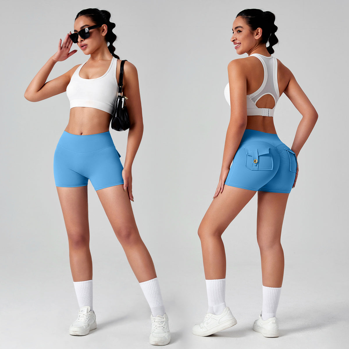 Women's High-Waisted Cargo Yoga Shorts With Pocket, Peach Hip Design Bare-Skin Feel, High Elastic, Quick-Dry Running & Fitness Pants by Ricaloux