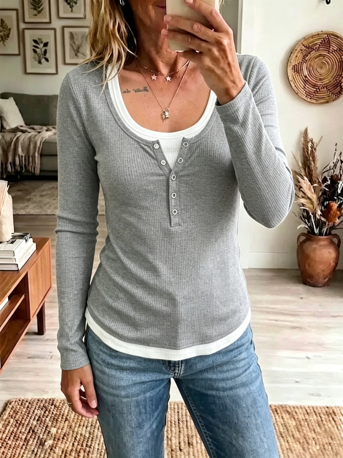 Womens Color-Block Fake Two-Piece Slim-Fit Casual Long-Sleeve T-Shirt – Premium 0 | RICALOUX