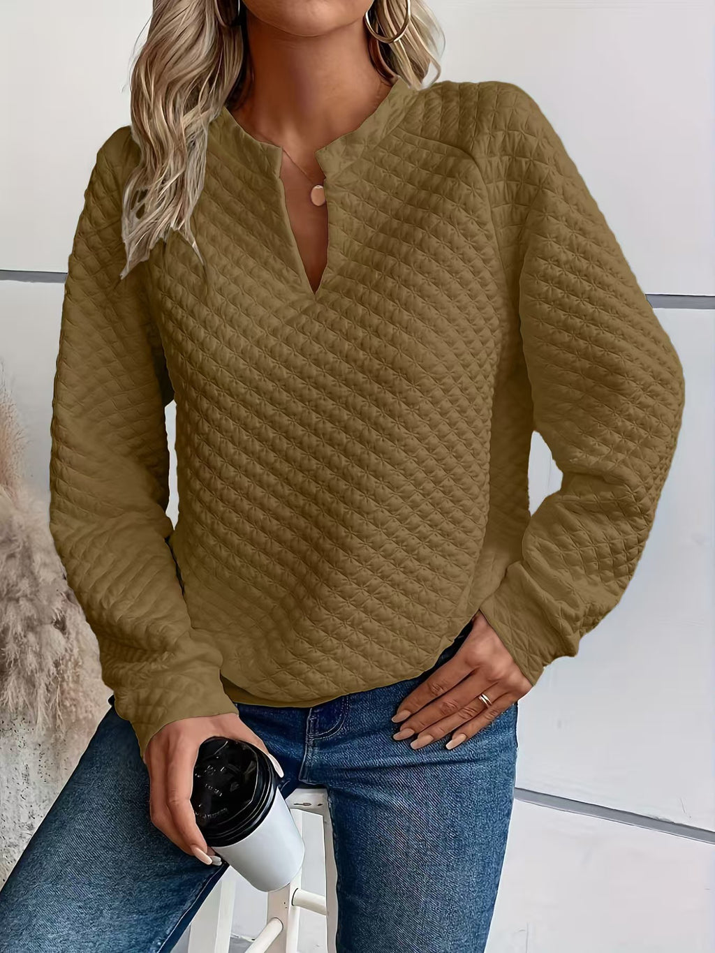 Womens Solid-Color Deep V-Neck Spliced Long-Sleeve Top by Ricaloux