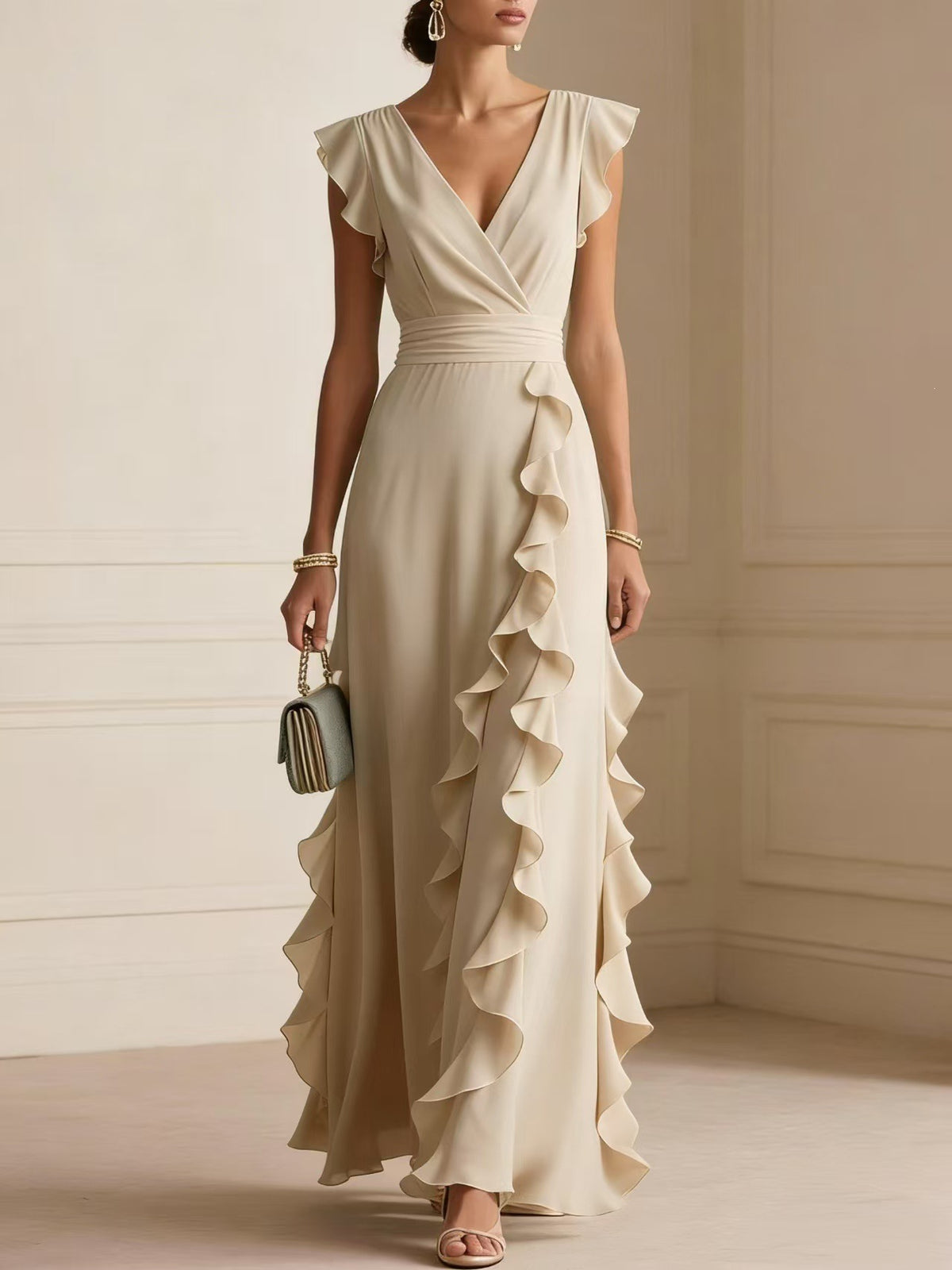 Women's Elegant Solid Color Ruffle Sleeveless Sexy V-Neck Long Dress Fashionable Bohemian Women's Party Evening Maxi Dresses by Ricaloux