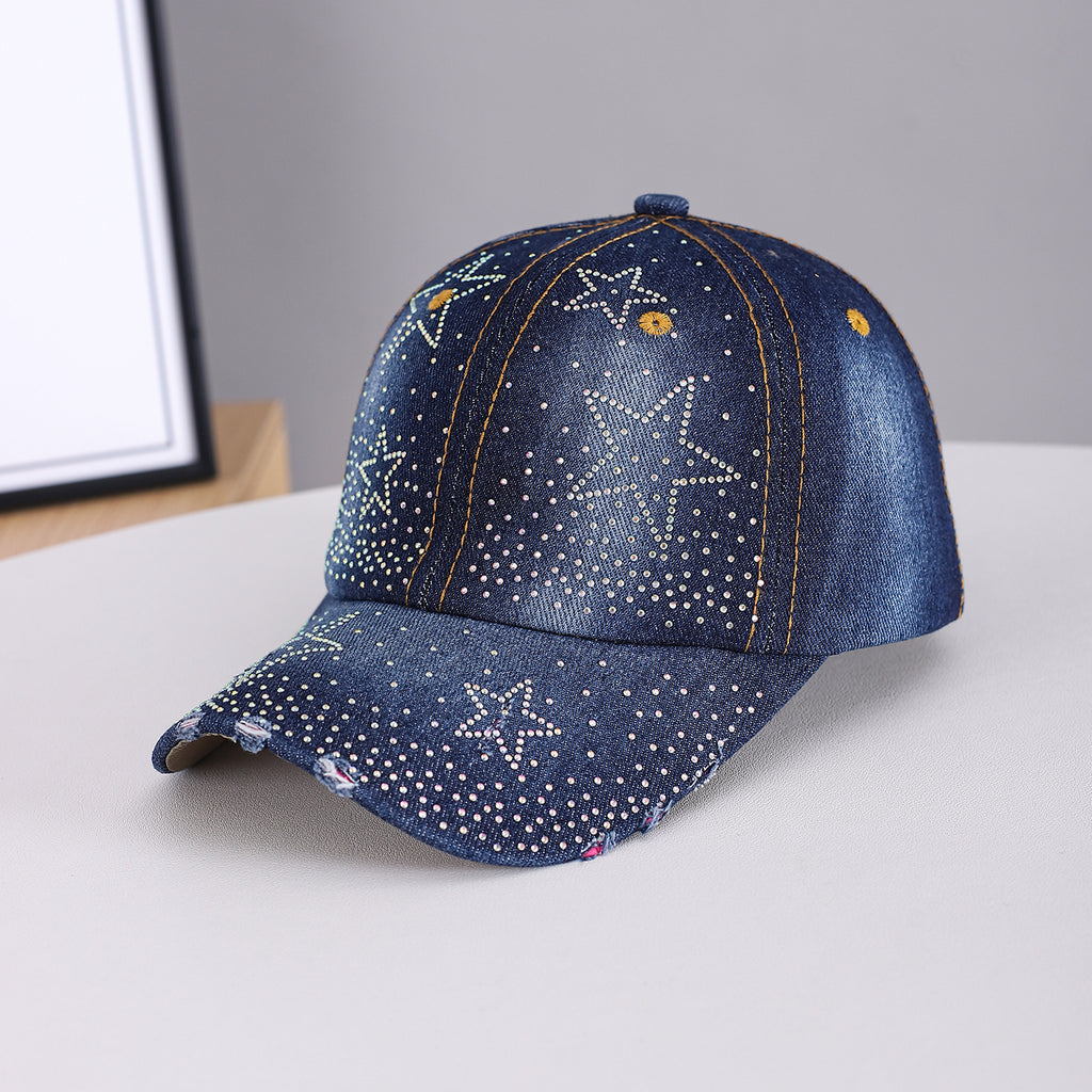 Spring And Summer Style Of Glittering Star-pattern Gradient Full-diamond Brimmed Water-washed Street Cool Baseball Cap, Suitable For Daily Commuting And Outings. by Ricaloux