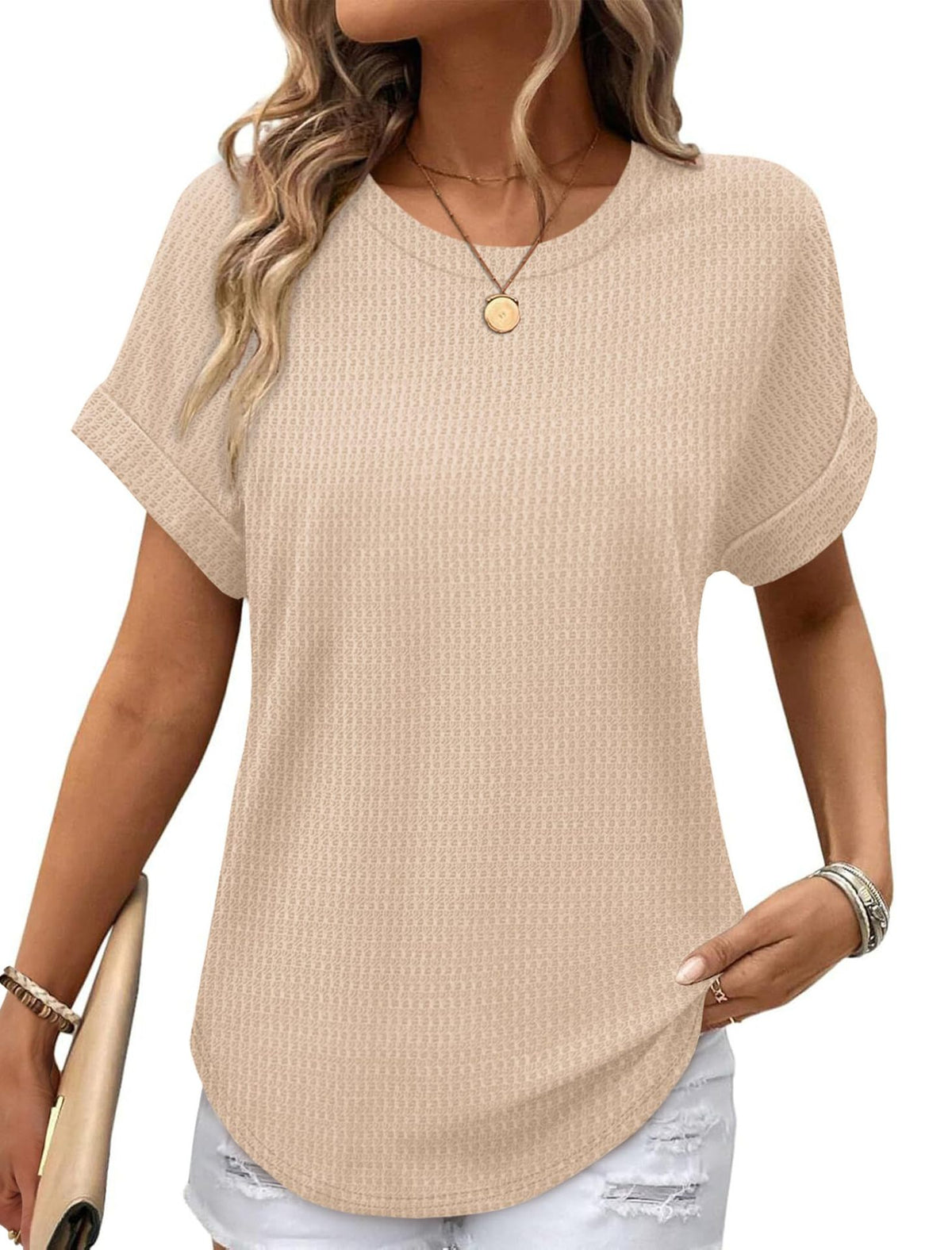Ruffled-edged Short-sleeve Waffle-knit Crew-neck Top With A Curved Hem by Ricaloux