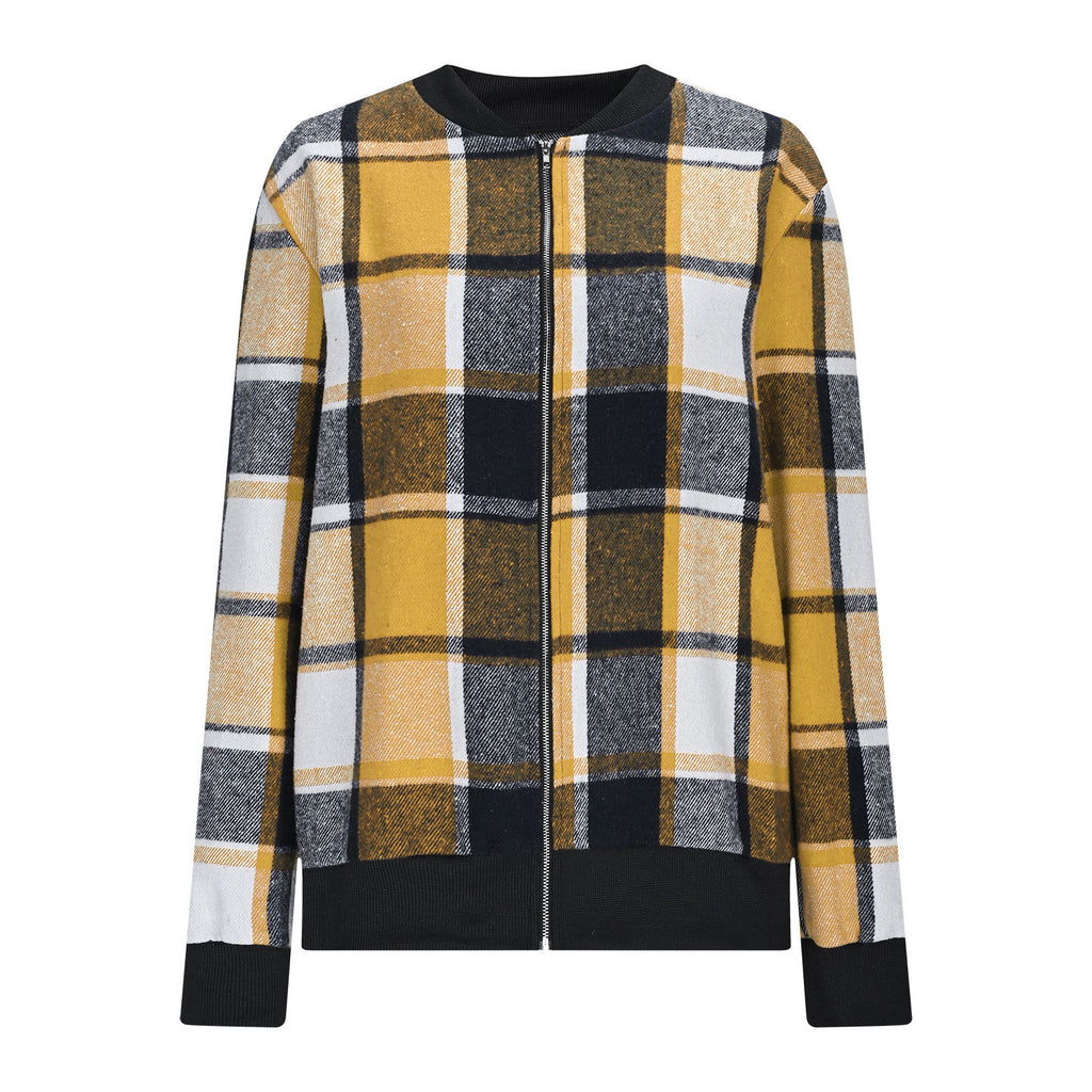 Womens Plaid Printed Long-Sleeve Zip-Up Jacket by Ricaloux
