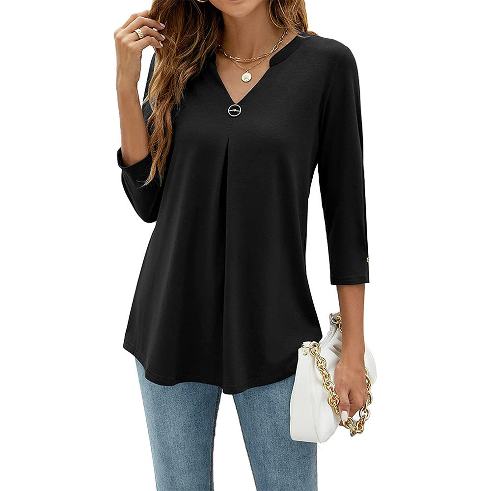 Womens Solid-Color V-Neck Pleated T-Shirt With Three-Quarter Sleeves And Button Accents – Premium 0 | RICALOUX