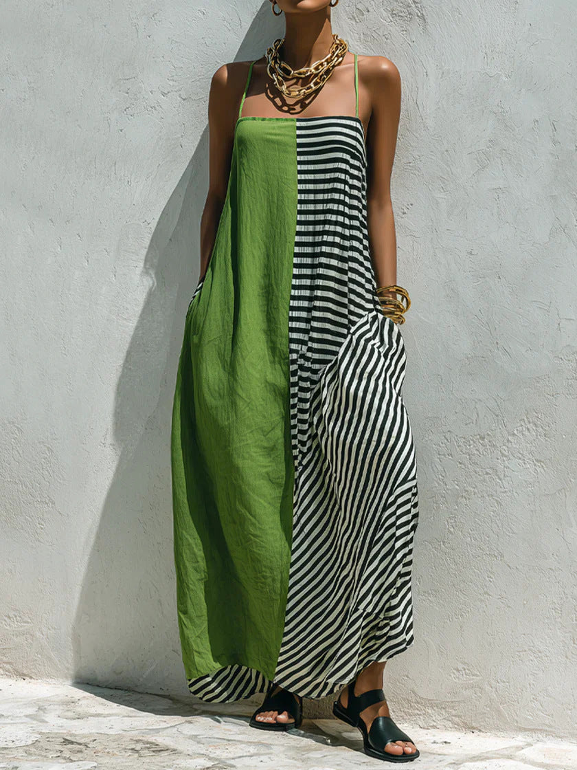 Printed Striped Strap Sleeveless Long Dress by Ricaloux