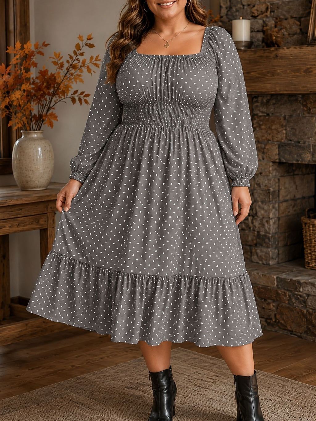 Polka-dot Plus-size Womens Dress Puff-sleeve Boat-neck Dress For Curvy Figures by Ricaloux
