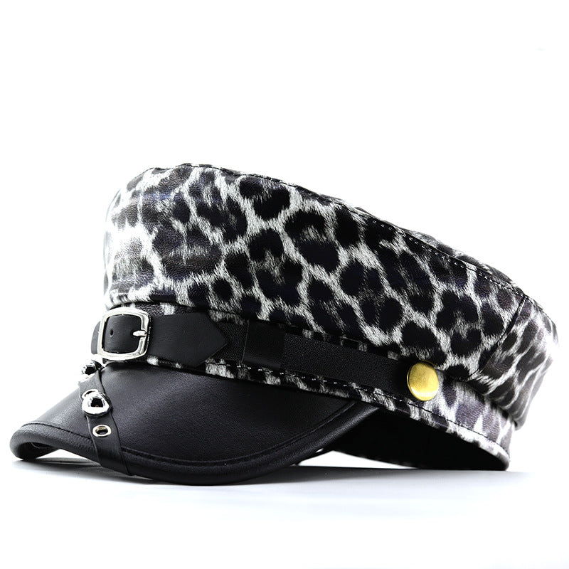 Lady Leopard-print PU Leather Bold Stud Belt Design Beret With Retro British Style Metal Fastener, Unique Edgy Girl Punk Hat, Street Style Versatile Hat by Ricaloux